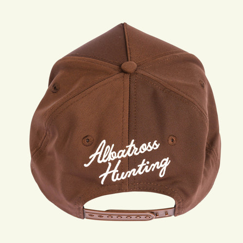 Load image 1 in gallery view. Back of brown rope cap with white Albatross Hunting script embroidery and brown snapback